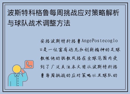 波斯特科格鲁每周挑战应对策略解析与球队战术调整方法