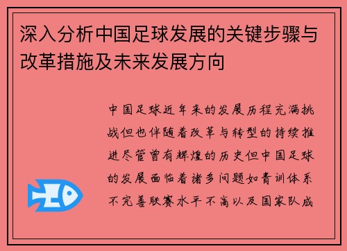 深入分析中国足球发展的关键步骤与改革措施及未来发展方向